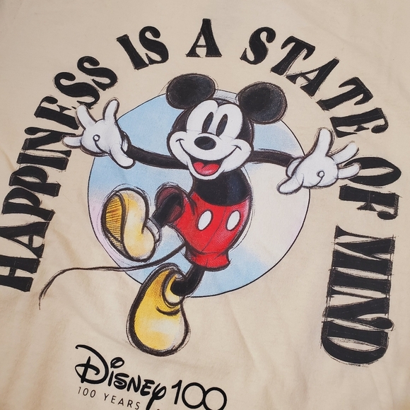 Disney Mickey Mouse Graphic T-Shirt "Happiness Is A State Of Mind". Beige/Yellow - Picture 2 of 9